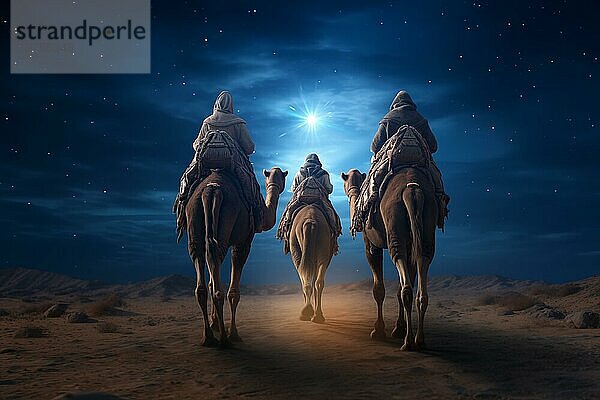 Weihnachten Jesus Geburt Konzept  Anbetung der Heiligen Drei Könige  Heilige Drei Könige  und die drei biblischen Könige mit Kamel Silhouetten Reise in Sanddünen der Wüste folgen Bethlehem Stern bei Nacht