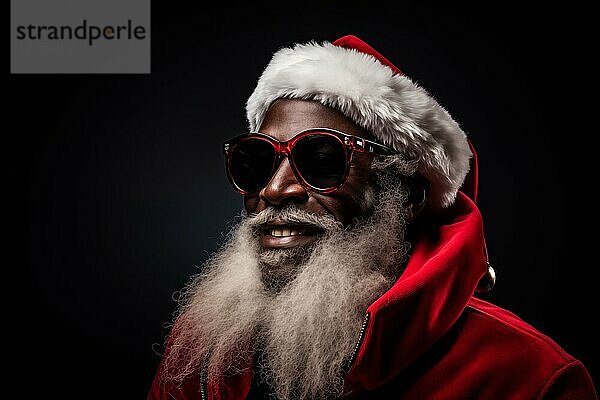 Ein moderner schwarzer Weihnachtsmann mit Weihnachtsmannmütze  Sonnenbrille und langem weißen Bart  der lächelnd in die Kamera schaut  vor einem dunklen Hintergrund