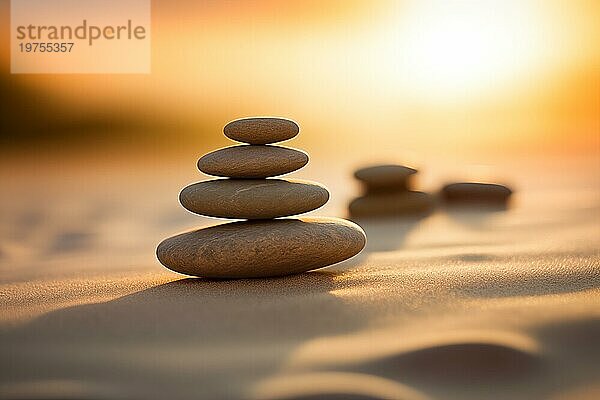 Zensteine stapeln sich auf Sandwellen in einer minimalistischen Umgebung für Gleichgewicht und Harmonie. Gleichgewicht  Harmonie und Frieden des Geistes  Wellness  Meditation und Spiritualität Konzept