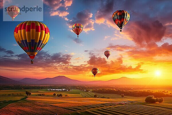 Eine bunte Heißluftballons schwebt im Himmel über einem blühenden Feld Wiese von Blumen Landschaft bei Sonnenuntergang mit orange und blaün Himmel im Hintergrund. Reise Reise Abenteuer Schönheit der Natur Konzept