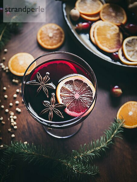 Ein Glas traditioneller Glühwein mit orangen und Preiselbeergarnituren auf einem gemütlichen Weihnachtstisch. Der Hintergrund ist unscharf mit Bokeh Lichtern und Kerzen  die eine warme und festliche Atmosphäre schaffen