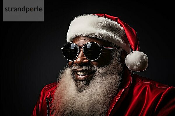 Moderner schwarzer Weihnachtsmann mit Weihnachtsmannmütze  Sonnenbrille und langem weißen Bart  der lächelnd in die Kamera schaut  vor dunklem Hintergrund. Festliche und fröhliche Stimmung der Weihnachtszeit