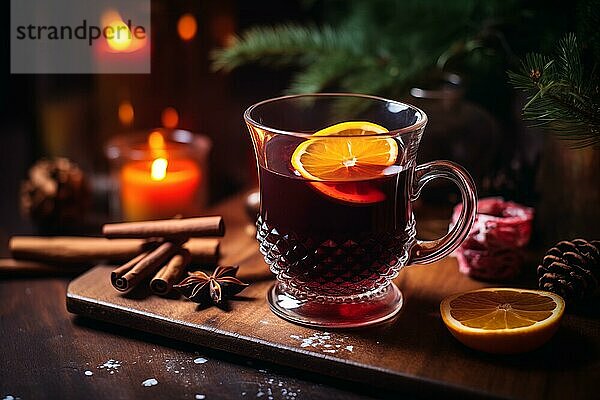 Ein Glas traditioneller Glühwein mit orangen und Preiselbeergarnituren auf einem gemütlichen Weihnachtstisch. Der Hintergrund ist unscharf mit Bokeh Lichtern und Kerzen  die eine warme und festliche Atmosphäre schaffen