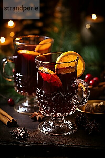 Zwei Gläser mit traditionellem Glühwein mit orangen und Preiselbeergarnituren auf einem gemütlichen Weihnachtstisch. Der Hintergrund ist unscharf mit Bokeh Lichtern und Kerzen  die eine warme und festliche Atmosphäre schaffen