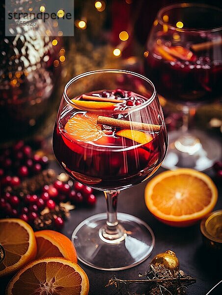 Ein Glas traditioneller Glühwein mit orangen und Preiselbeergarnituren auf einem gemütlichen Weihnachtstisch. Der Hintergrund ist unscharf mit Bokeh Lichtern und Kerzen  die eine warme und festliche Atmosphäre schaffen