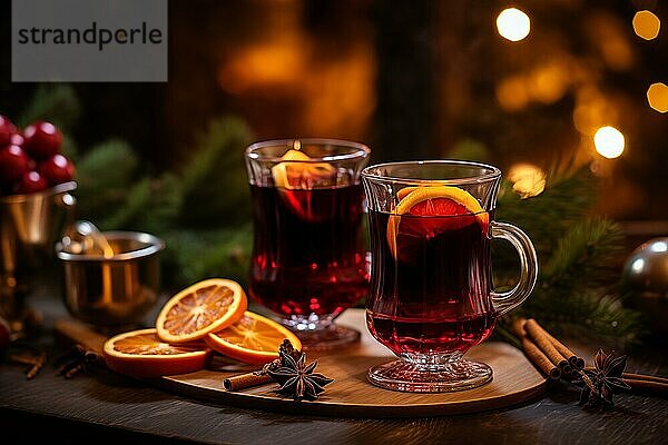 Zwei Gläser mit traditionellem Glühwein mit orangen und Preiselbeergarnituren auf einem gemütlichen Weihnachtstisch. Der Hintergrund ist unscharf mit Bokeh Lichtern und Kerzen  die eine warme und festliche Atmosphäre schaffen