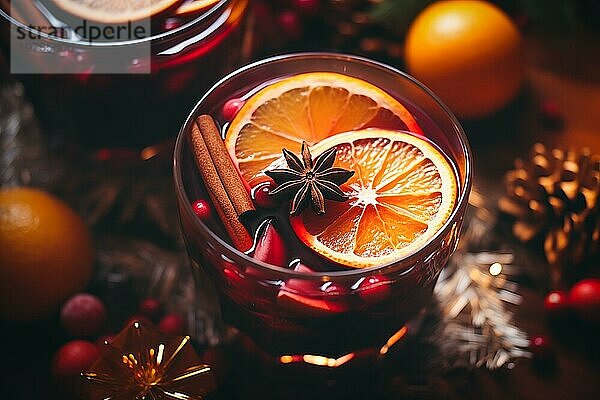 Ein Glas traditioneller Glühwein mit orangen und Preiselbeergarnituren auf einem gemütlichen Weihnachtstisch. Der Hintergrund ist unscharf mit Bokeh Lichtern und Kerzen  die eine warme und festliche Atmosphäre schaffen