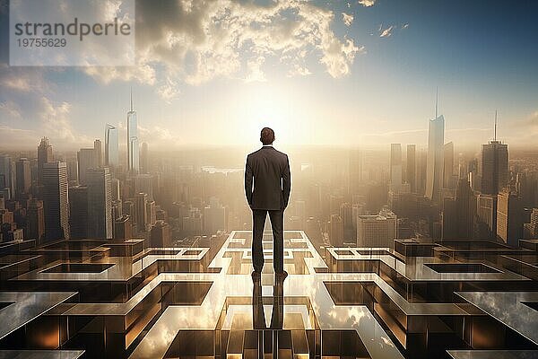 Mann im Anzug steht auf einem Dach mit Blick auf die Skyline der Stadt bei Sonnenaufgang mit Wolken und aufgehende Sonne am Horizont. Konzept von Ehrgeiz  Erfolg und Führung