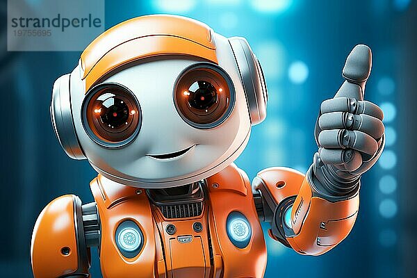 Orangefarbener Roboter mit Daumen hoch Geste. Der freundliche Roboter hat große runde Augen und ein freundliches Lächeln. Konzept der künstlichen Intelligenz Technologie Genehmigung Vereinbarung  Erfolg  Freundlichkeit