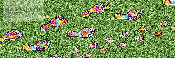 Fußabdruck Erwachsener Mann und Kind  Symbol für Carbon Footprint  Illustration  Grafik  grüner Hintergrund  Kleewiese  Blumen