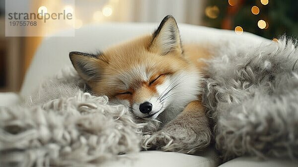 Niedliche kleine Fuchs schlafen auf dem Sofa im Zimmer mit Weihnachtsbaum und Lichter Ai erzeugt