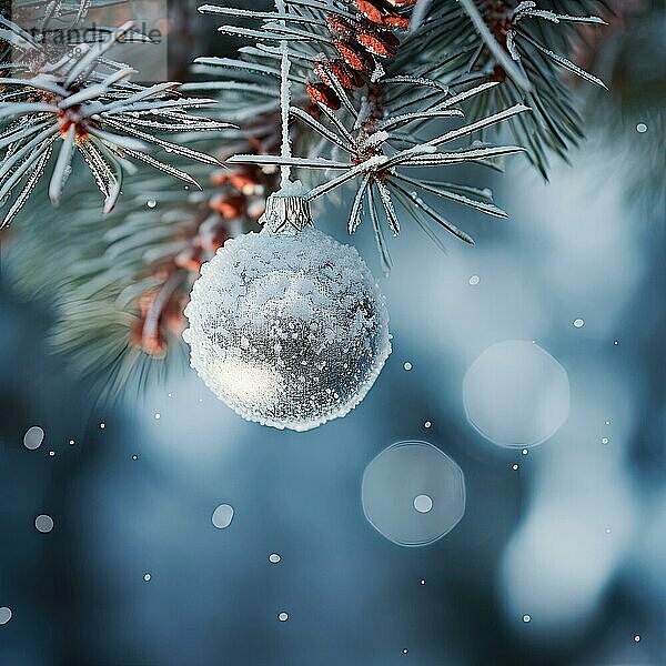 Weihnachtskugel auf einem Baum. weiße Weihnachtskugel auf Fichtenzweig. Weihnachtskugel Nahaufnahme. selektiver Fokus AI generiert