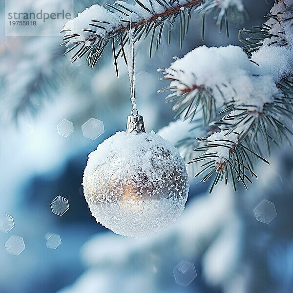 Weihnachtskugel auf einem Baum. weiße Weihnachtskugel auf Fichtenzweig. Weihnachtskugel Nahaufnahme. selektiver Fokus AI generiert