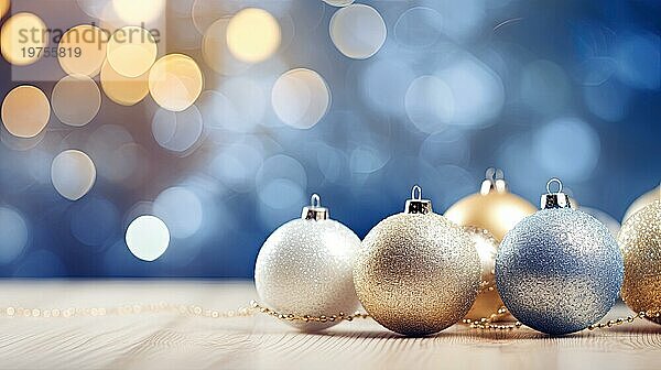 Weihnachten und Neujahr Hintergrund mit goldenen Kugeln und Bokeh AI generiert