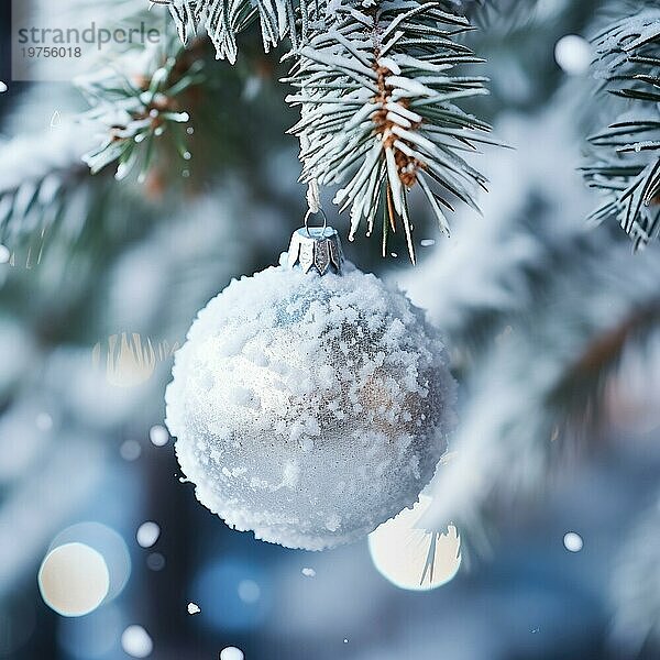 Weihnachtskugel auf einem Baum. weiße Weihnachtskugel auf Fichtenzweig. Weihnachtskugel Nahaufnahme. selektiver Fokus AI generiert