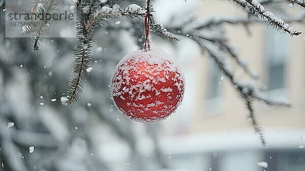 Weihnachtskugel auf einem Baum. rote Weihnachtskugel auf Fichtenzweig. Weihnachtskugel Nahaufnahme. selektiver Fokus AI generiert