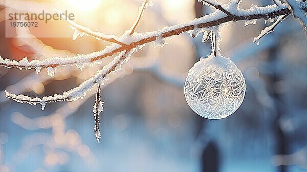 Weiße Weihnachtskugel auf einem gefrorenen Zweig. Weicher Fokus. Sonnenuntergang Highlights auf Hintergrund AI generiert