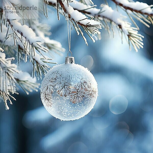 Weihnachtskugel auf einem Baum. weiße Weihnachtskugel auf Fichtenzweig. Weihnachtskugel Nahaufnahme. selektiver Fokus AI generiert