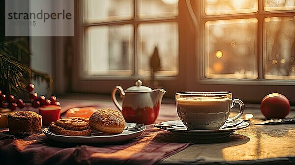 Tasse Kaffee und Kekse auf einem Tisch am Fenster. Bokeh Lichter auf Hintergrund AI generiert