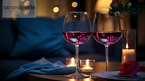 Zwei Gläser Rotwein auf einem Tisch in einem gemütlichen Wohnzimmer AI erzeugt