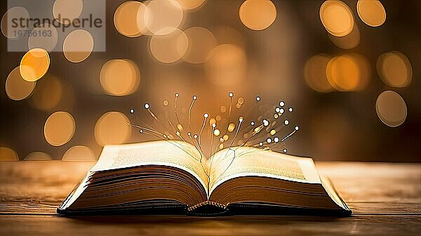 Offenes Buch mit leuchtenden Lichtern auf Bokeh Hintergrund. Weihnachten und Neujahr Konzept AI generiert