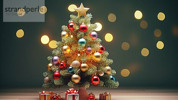 Weihnachtsbaum mit bunten Lichtern auf Bokeh Hintergrund. Weihnachtsbaum Nahaufnahme AI generiert