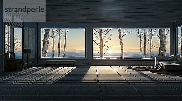 Moderne helle Innenräume. Blick durch das Fenster. Winterzeit. Leerer Raum. Morgenlicht AI erzeugt