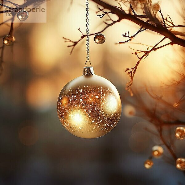 Goldene Weihnachtskugel auf einem Zweig  Nahaufnahme. Weihnachtslicht Bokeh. Weichzeichner AI generiert