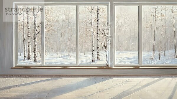 Moderne helle Innenräume. Blick durch das Fenster. Winterzeit. Leerer Raum. Morgenlicht AI erzeugt