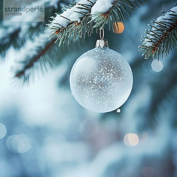 Weihnachtskugel auf einem Baum. weiße Weihnachtskugel auf Fichtenzweig. Weihnachtskugel Nahaufnahme. selektiver Fokus AI generiert