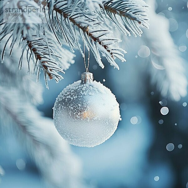 Weihnachtskugel auf einem Baum. weiße Weihnachtskugel auf Fichtenzweig. Weihnachtskugel Nahaufnahme. selektiver Fokus AI generiert