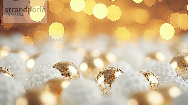 Weiße und goldene Weihnachtskugeln auf Bokeh Hintergrund. Weihnachten und Neujahr Konzept AI generiert