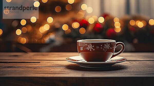 Eine Tasse Kaffee auf einem Holztisch vor einem Weihnachtsbaum. Platz für Text. Weihnachten Hintergrund. Bokeh Lichter AI generiert