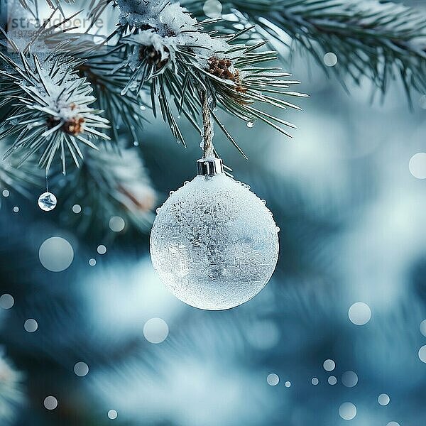 Weihnachtskugel auf einem Baum. weiße Weihnachtskugel auf Fichtenzweig. Weihnachtskugel Nahaufnahme. selektiver Fokus AI generiert