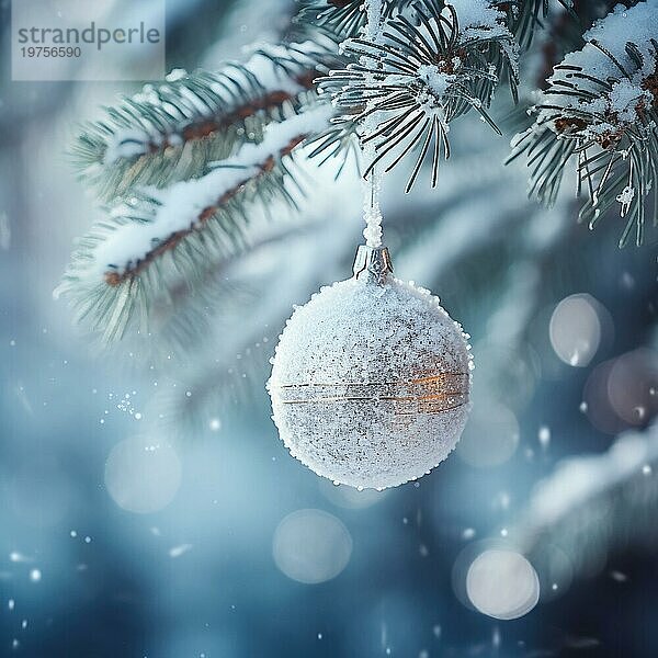 Weihnachtskugel auf einem Baum. weiße Weihnachtskugel auf Fichtenzweig. Weihnachtskugel Nahaufnahme. selektiver Fokus AI generiert