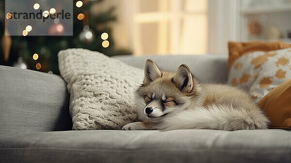 Niedliche kleine Fuchs schlafen auf dem Sofa im Zimmer mit Weihnachtsbaum und Lichter Ai erzeugt