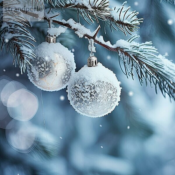 Weihnachtskugel auf einem Baum. weiße Weihnachtskugel auf Fichtenzweig. Weihnachtskugel Nahaufnahme. selektiver Fokus AI generiert