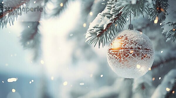 Weihnachtskugel auf einem Baum. rote Weihnachtskugel auf Fichtenzweig. Weihnachtskugel Nahaufnahme. selektiver Fokus AI generiert
