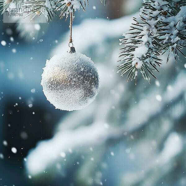 Weihnachtskugel auf einem Baum. weiße Weihnachtskugel auf Fichtenzweig. Weihnachtskugel Nahaufnahme. selektiver Fokus AI generiert