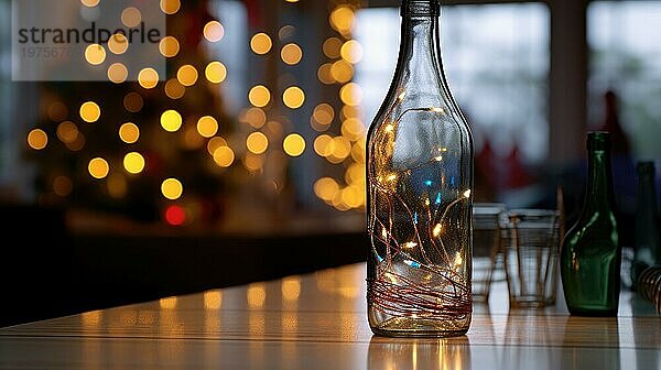 Flasche auf dem Tisch in einem mit Weihnachtsbeleuchtung dekorierten Raum. Weihnachtsbeleuchtung in Glasflasche AI generiert