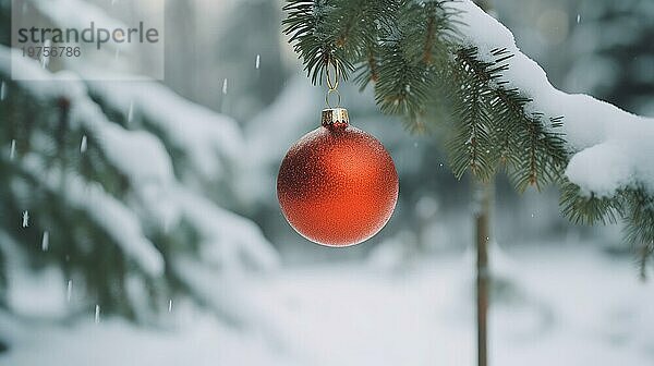 Weihnachtskugel auf einem Baum. rote Weihnachtskugel auf Fichtenzweig. Weihnachtskugel Nahaufnahme. selektiver Fokus AI generiert