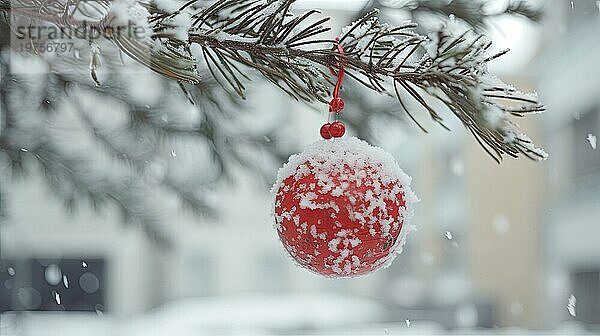 Weihnachtskugel auf einem Baum. rote Weihnachtskugel auf Fichtenzweig. Weihnachtskugel Nahaufnahme. selektiver Fokus AI generiert