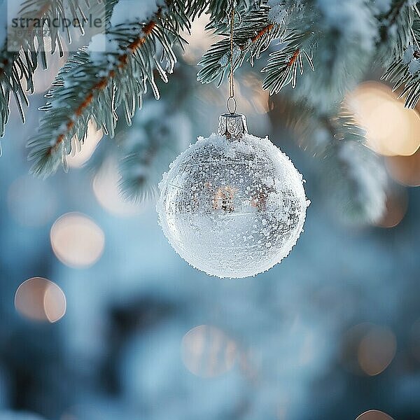 Weihnachtskugel auf einem Baum. weiße Weihnachtskugel auf Fichtenzweig. Weihnachtskugel Nahaufnahme. selektiver Fokus AI generiert