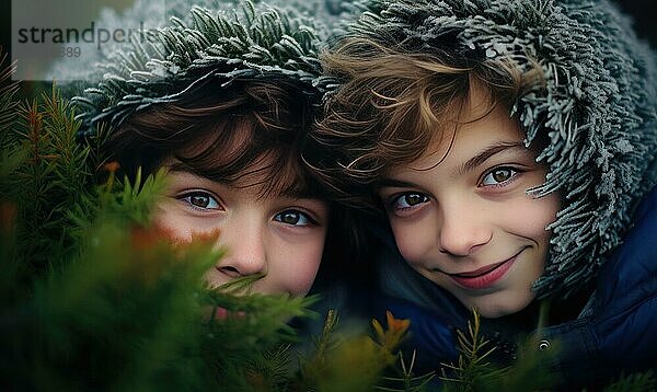 Zwei Kinder  die zusammen lächeln. Winterzeit. Sonnenuntergang Licht Ai erzeugt