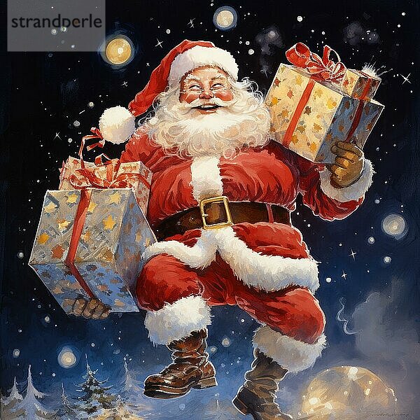 Weihnachtsmann mit Geschenken in seinen Händen auf einem Winter Nacht Hintergrund. Weihnachten Hintergrund AI generiert