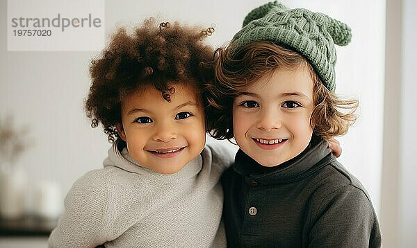 Zwei Kinder im Winterkranz  die zusammen lächeln. Familie Konzept Ai generiert