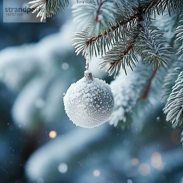 Weihnachtskugel auf einem Baum. weiße Weihnachtskugel auf Fichtenzweig. Weihnachtskugel Nahaufnahme. selektiver Fokus AI generiert