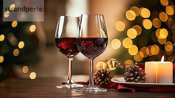 Zwei Gläser Rotwein mit Weihnachtsdekoration auf Bokeh Hintergrund AI generiert