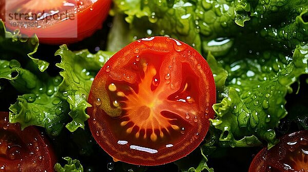Geschnittene Tomate auf grünem Salat. Selektiver Fokus. Getönte Ai erzeugt