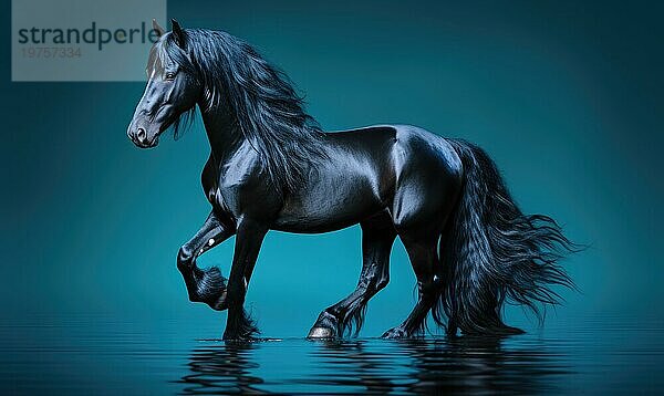 Schwarzes Pferd mit langer Mähne läuft im Wasser auf dunkelblauem Hintergrund. Schöne Pferd Porträt Ai erzeugt